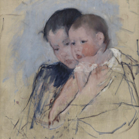 The image shows Baby on Mother's Arm (ca. 1891), an unfinished oil painting on canvas by the American Impressionist artist Mary Cassatt.