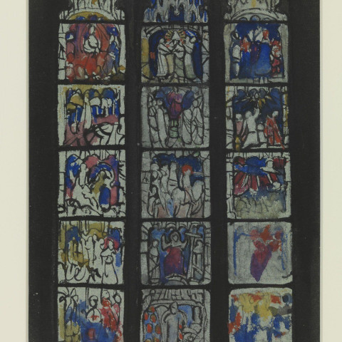 An early 20th-century watercolor study by Violet Oakley for an uncompleted stained-glass window, showcasing fifteen illustrative panels arranged in three vertical lancets with vibrant shades of blue, red, and yellow against a dark backdrop.