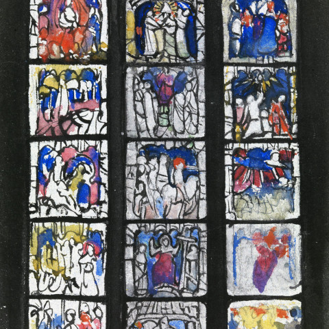 An early 20th-century watercolor study by Violet Oakley for an uncompleted stained-glass window, showcasing fifteen illustrative panels arranged in three vertical lancets with vibrant shades of blue, red, and yellow against a dark backdrop.
