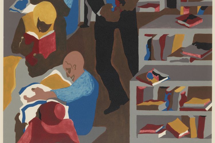 Jacob Lawrence, Schomburg Library, 1987 Silkscreen, 106/200, 26 x 20 in. Gift of Dr. Constance E. Clayton in loving memory of her mother Mrs. Williabell Clayton, PAFA. 