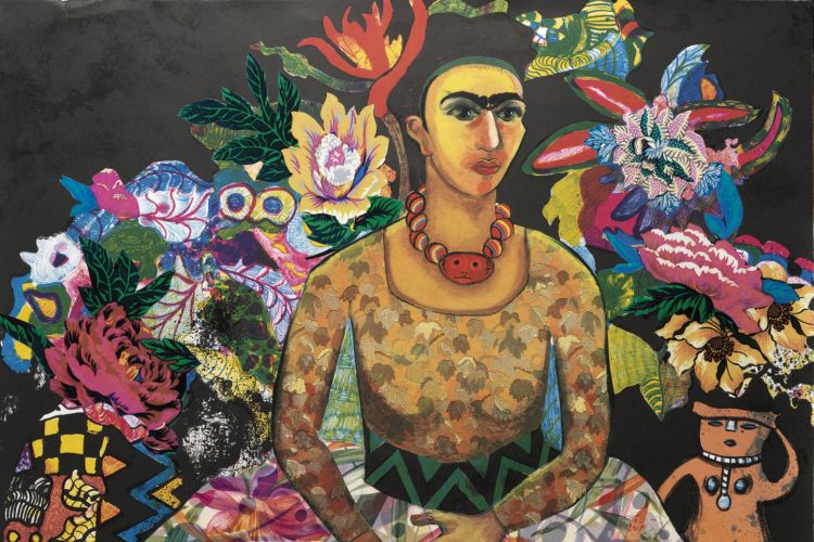 Miriam Schapiro (1923–2015), Frida and Me, 1996 Lithograph with collage elements, 42 x 29 3/4 in., AP Published by the Brodsky Center at PAFA PAFA, Gift of the estate of Miriam Schapiro ©2019 Estate of Miriam Schapiro / Artists Rights Society (ARS), New York