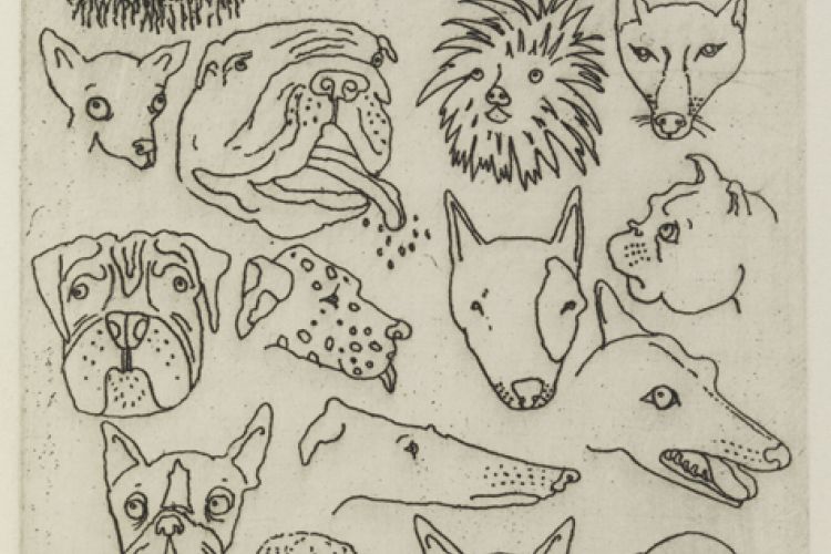 Print by Sue Coe, Untitled (Faces of Dogs)