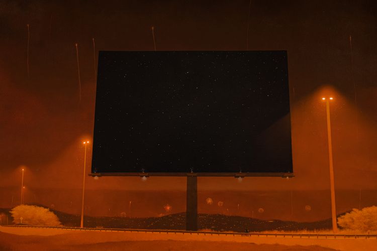 Esaí Alfredo Figueroa Ruiz, El Cartel ( The Billboard ) "Gradually night became day"  Oil on canvas  50 x 58 inches