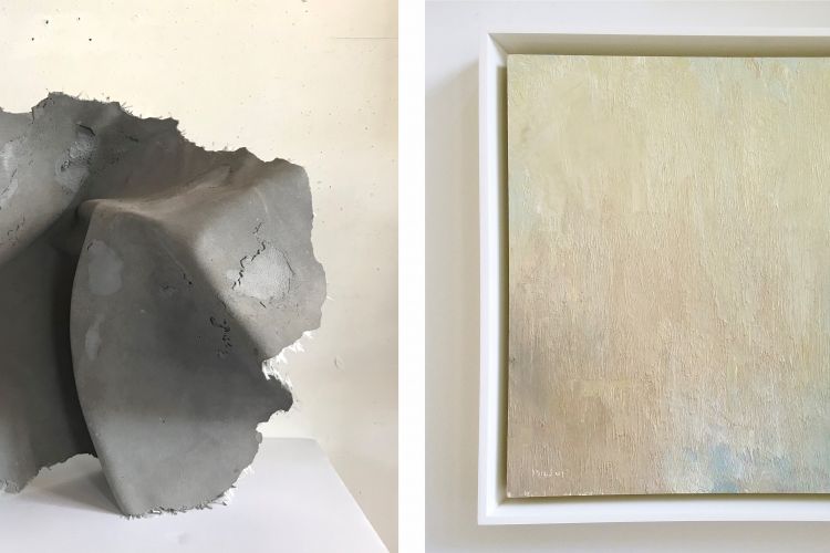 two images side-by-side, one is an abstract sculpture by Sarah Thompson Moore, the other is an abstract painting by Stuart Shils