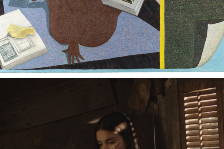 Side by side image of Mequitta Ahuja's piece, A Real Allegory of Her Studio, 2015, and film still