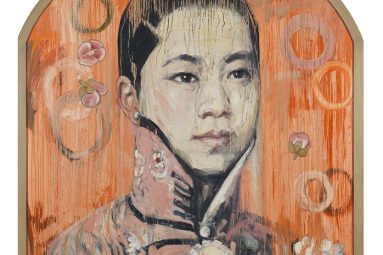 The Painting Visage II by Hung Liu. A portrait of a young woman with Chinese Blossoms adorning her.
