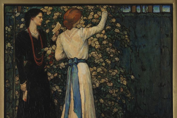 June by Violet Oakley. Two Women Stand in a Garden, one with their arm outstretched