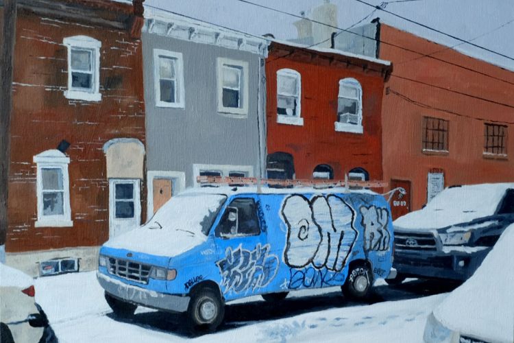 Painting of a blue van in the snow on a Philadelphia street