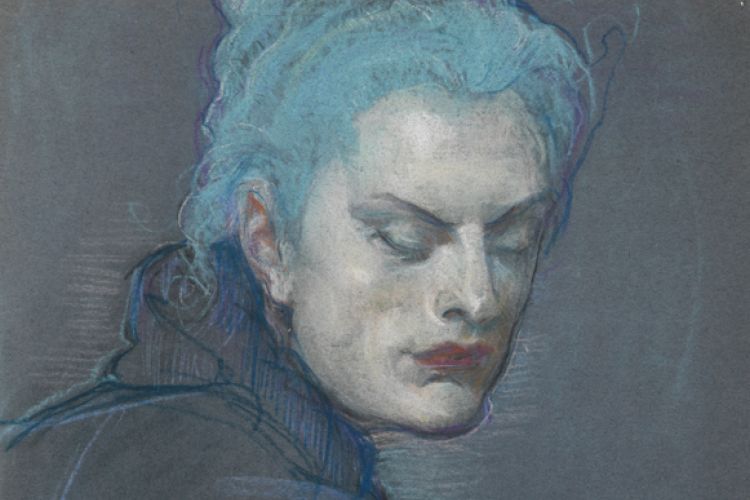 A portrait of a person with powder white skin, blue hair, dramatic eye makeup. It is a sketch using pastels and deep gray paper. The subject's body is turned to the right, but the face is nearly facing the viewer and their eyes are cast down with a dignified appearance.