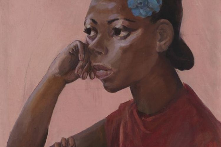 Oil painting study of a young woman with brown skin in profile sitting at a table with her head resting on her hand. There is a blue flower in her hair above her ear. Subject is wearing a red shirt. The background in a warm pink color. 