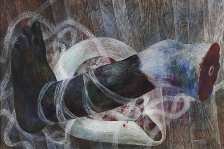 Bernard Perlin (1918 - 2014), The Leg, 1945-46. Casein and tempera on panel, 27 1/2 x 35 in. Gift of the artist in honor of Brian Vincent Boston.