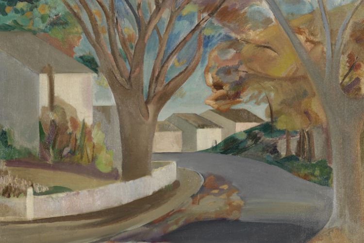 Painting of a neighborhood scene in the fall time, muted earth tones. 