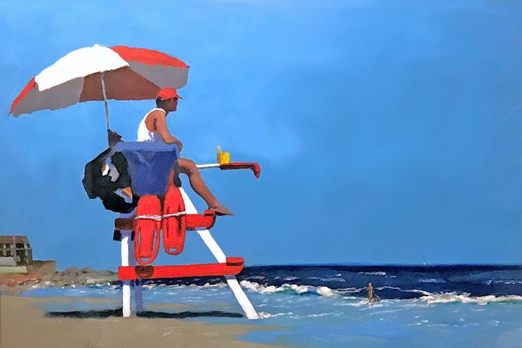 Lifeguard overlooking the beach and ocean - vibrant colors and contrasting reds and blues. 