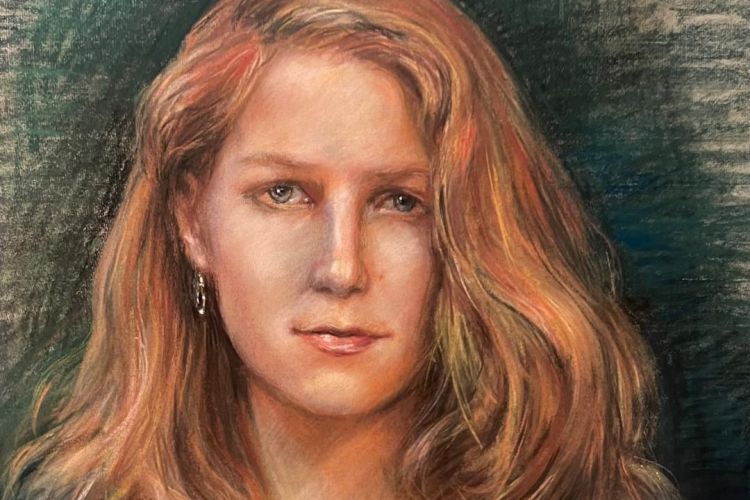 Pastel drawing of a young woman with sandy hair and blue dress. 