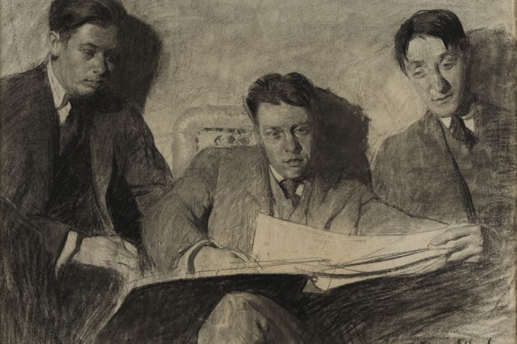Drawing of three gentleman with paper