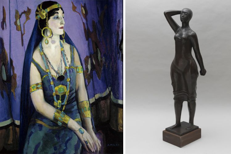 two images, side by side. On the left is Arthur B. Carles, An Acrtress as Cleopatra, 1914; Elizabeth Catlett, Women Walking (Standing Woman), 1987, cast 1997. 