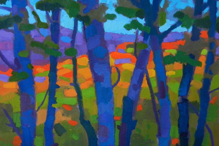 Colorful landscape with trees and meadow in the background. 