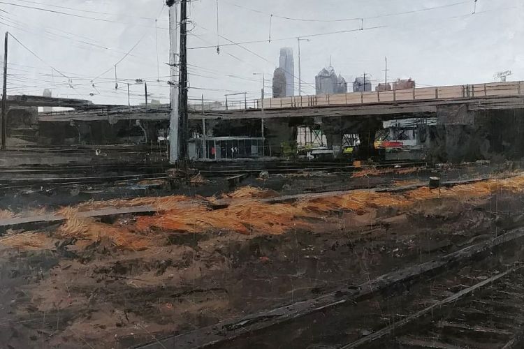 Painting by Shushana Rucker - Dark urban landscape with train tracks and high rise buildings in distance