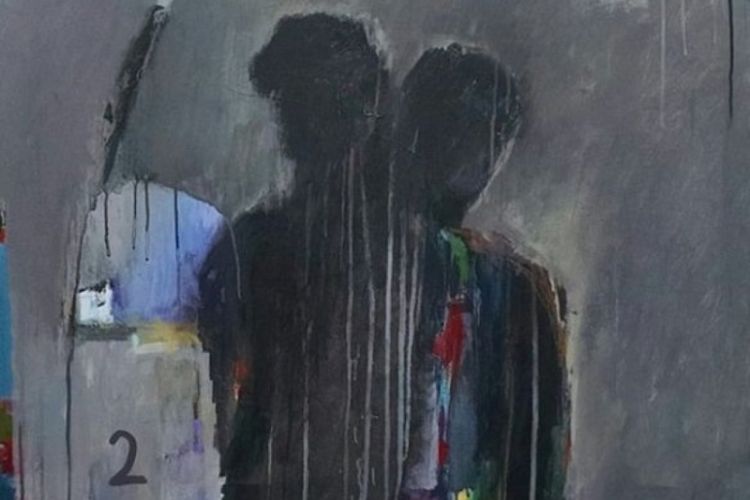 Dark abstract painting with silhouettes of human figures