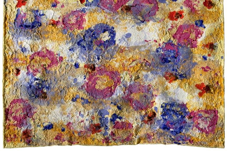 Joan Snyder (American, b. 1940), Large Flower Field, 2011, handmade paper pulp painting with inclusion of natural matter mounted on board