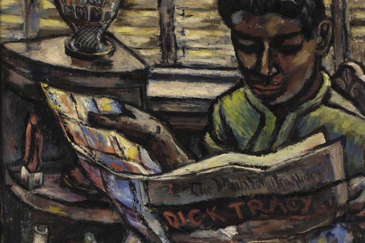 Painting by Edward L. Loper (1916-2011), Sunday Afternoon, 1948, Oil on canvas framed: 29 1/2 x 33 1/2 x 3 1/2 in. (74.93 x 85.09 x 8.89 cm.); unframed: 20 x 24 in. (50.8 x 60.96 cm.), 1970.34, Gift of Dr. George J. Roth.  