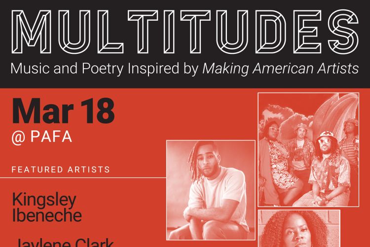 Graphic with title Multitudes and bio photos of performing artists