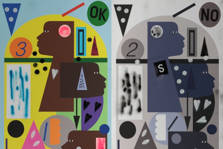 Mixed media painting by Nina Chanel Abney entitles, "Potato, Potata"