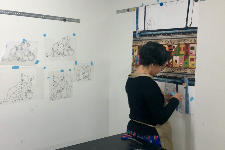 Artist Kukuli Velarde in residence at the Brodsky Center at PAFA, December 2022, working on her new edition to be published in April 2023.