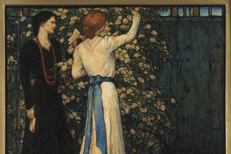 Painting of two women admiring a rose bush by Violet Oakley entitled "June", 1902