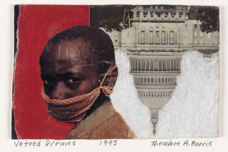 Collage with an image of a Black child wearing a mask on the left and an image of the US capitol turned upside down on the right. 