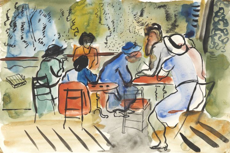 colorful watercolor painting of people around a table