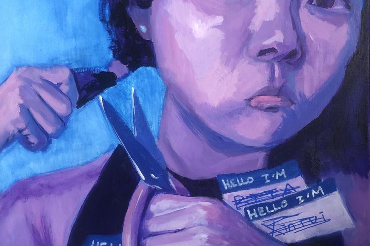 Painting of a young person holding scissors up to their hair in a ponytail. They have several different nametag stickers on their shirt with the names crossed out. The figure is purple and the background is a bright blue.