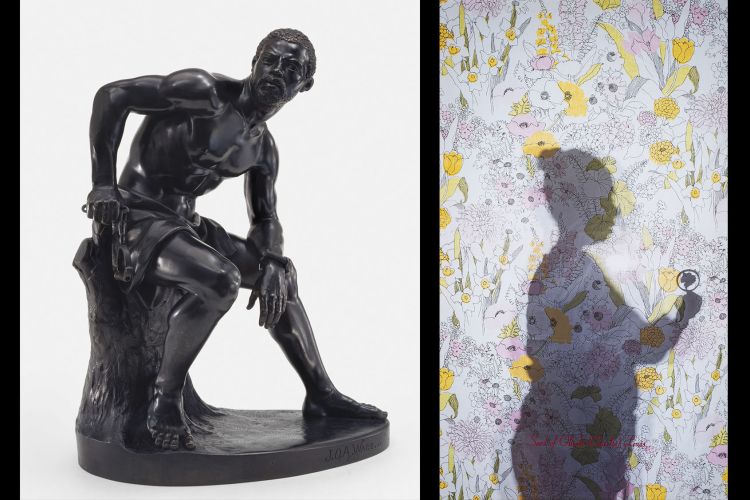 Composite of two images:  John Quincy Adams Ward (1830–1910), The Freedman, 1863, bronze, and Letitia Huckaby (b. 1972), "Ms. Jocelyn", 2022, Pigment print on fabric with embroidery.