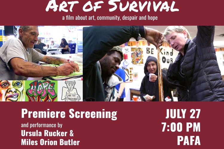 Graphic for the Art of Survival screening with stills of the participants in the project making art. 
