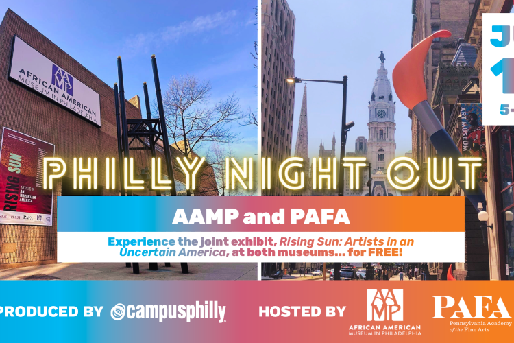 graphic for Campus Philly Night Out showing AAMP and PAFA museums from the outside. 