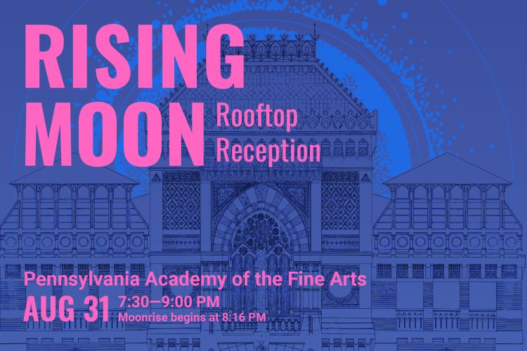 Purple and blue graphic with the program info and a sketch of the Historic Landmark Building with a rising moon behind it.. 