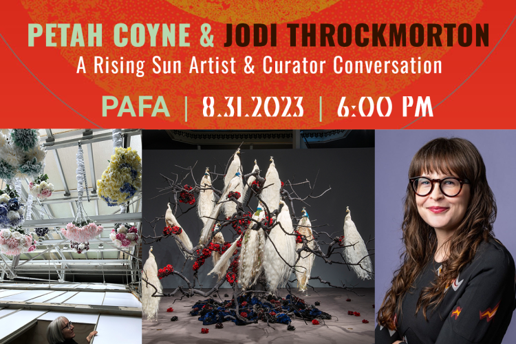 graphic with photos of Petah Coyne's head and shoulders appearing in the Color of Heaven installation in the skylights above the gallery; an installation shot of the Sisters, Two Trees, and a bio photo of Jodi Throckmorton.  