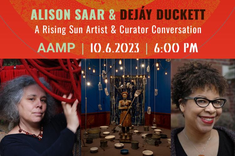 event graphic with photos of Alison Saar, a detail of her installation Hygiea, and Dejay Duckett