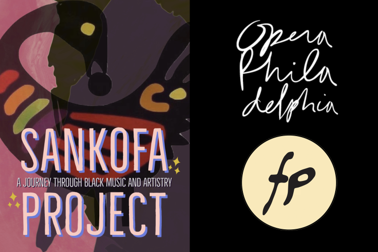 event graphic with title of the show overlaid onto an illustration of the Adinkra symbol of “Sankofa” depicts a bird with its head turned backwards while its feet face forward carrying a precious egg in its mouth. Graphic also includes the logos for Opera Philadelphia and The International Florence Price Festival