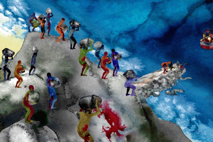 still image from Ahmadi's animation 'Marooned', colorful painting of a group of humanoid creatures hauling rocks over a hill towards a beach with a body of deep blues of water 