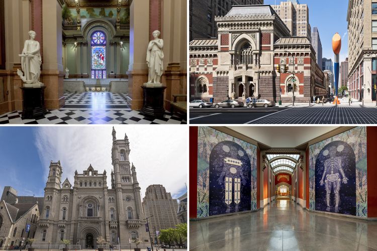 Composite of four photos in a grid of exterior and interior photos the PAFA's Historic Landmark Building and the Masonic Temple