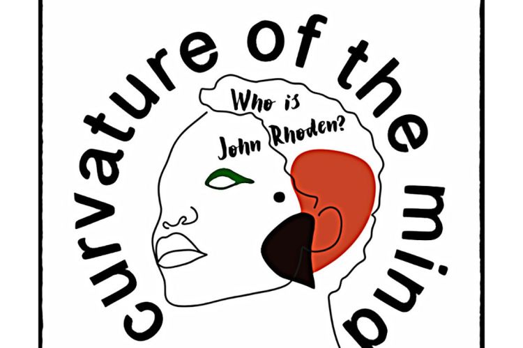 A graphic image with a black line drawing of a head with a red amorphous shape near the ear. The title "Curavture of the Mind" wrapping around the head in a circle. At the base of are typed words white on black bands: "EMBODIED POETICS" "FINDING JOY IN THE FORM"