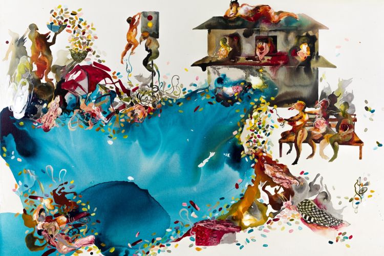 Shiva Ahmadi - Red Light, 2020, Acrylic on canvas, 56 x 72 in. Commissioned by PAFA for Rising Sun: Artists in an Uncertain America, courtesy Haines Gallery, San Francisco