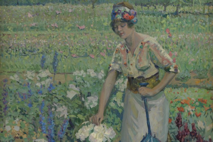 Oil painting by Jane Peterson titled "Spring Bouquet" circa 1912. The painting is vertical, with a single figure walking down a path in a field of white flowering plants. The figure is wearing a summer print blouse, and a full length white skirt, holding a white and blue parasol. She is reaching to pick one flower. 