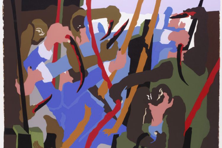 Image of a color serigraph by Jacob Lawrence (1917 - 2000), "Revolt on the Amistad", Abstract figures of many colors, arms tangled together .