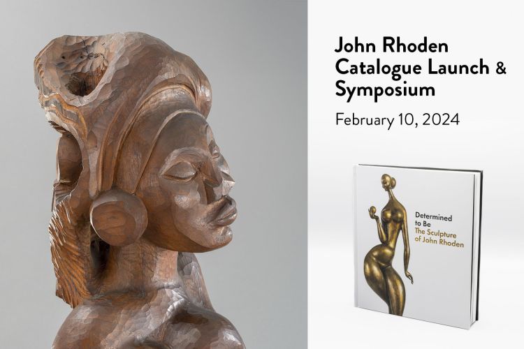 composite graphic is a photo with a detail of a John Rhoden wood sculpture showing a profile of an woman's face with her eyes closed. Also in the graphic is a photo of the Rhoden catalogue. 