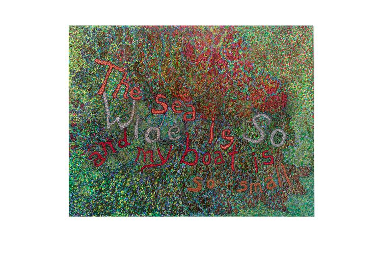 Astrid Bowlby's drawing - The sea is so wide, and my boat is so small. It is a colorful artwork with greens, blues, and reds with the title text is handwritten across the artwork