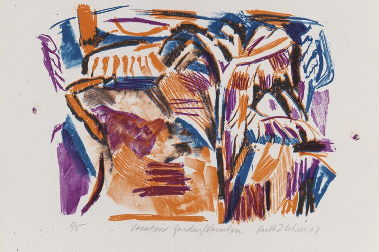 Vacation Garden Variation Ruth Fine  ARTIST	Ruth Fine DATE OF BIRTH	(b. 1941) DATE	1967 MEDIUM	Color lithograph, ed. 5/5 DIMENSIONS	15 3/4 x 20 in. (40.005 x 50.8 cm.)