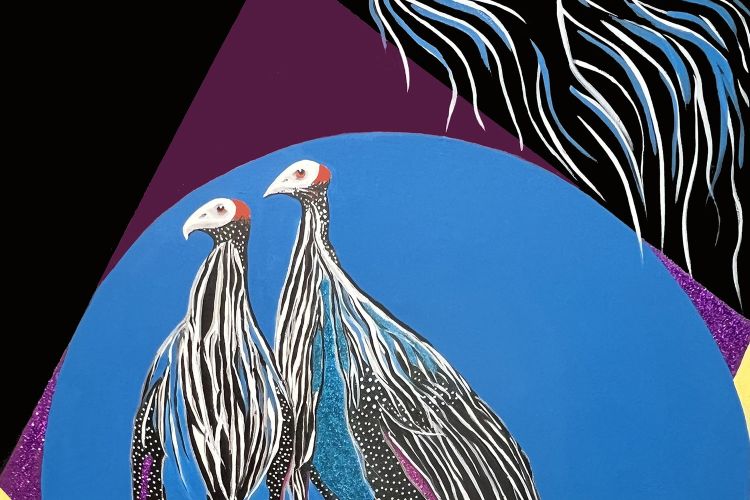 Oil on canvas painting with spot glitter and mirror marker depicting two guinea fowl in a blue and yellow circle, with a purple rhombus shape in the background.