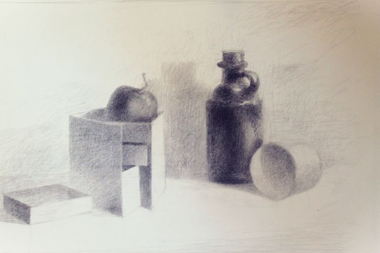 Graphite on paper drawing depicting an apple and a jug